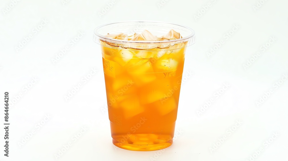 Clear plastic cup filled with Iced Mango Tea and a lid, isolated white background, studio light for focused advertising Clear plastic cup filled with Iced Mango Tea and a lid, isolated white background, studio light for focused advertising