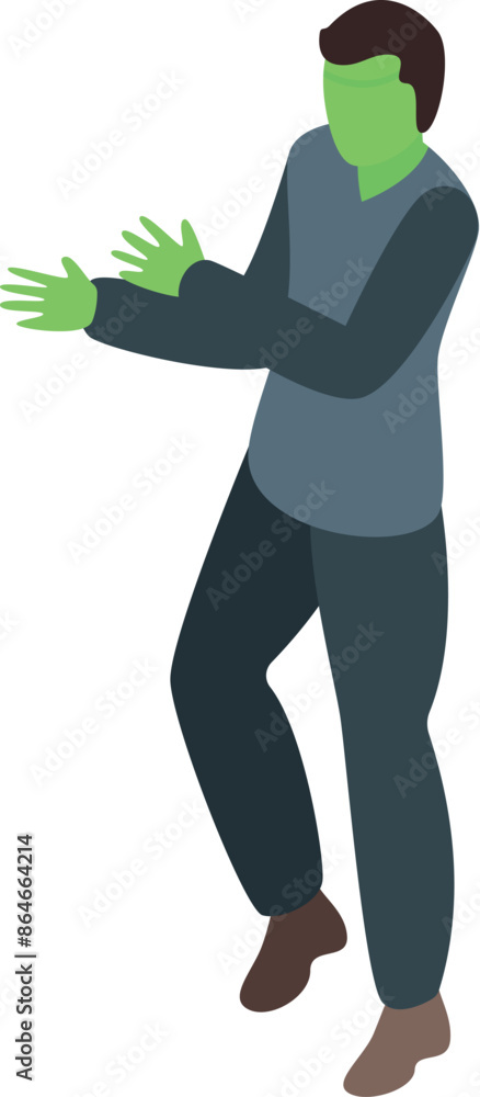 Green zombie man character standing in scary pose with hands up, halloween party design element Green zombie man character standing in scary pose with hands up, halloween party design element