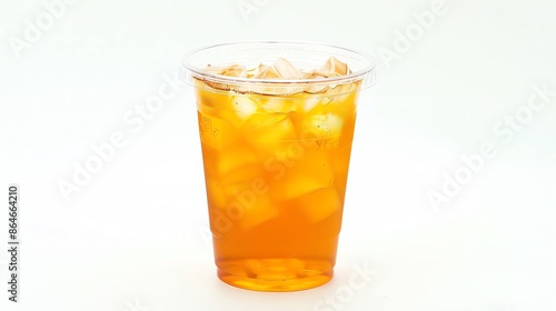 Clear plastic cup filled with Iced Mango Tea and a lid, isolated white background, studio light for focused advertising