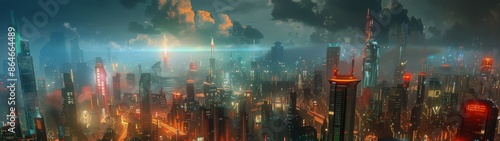 Futuristic Cityscape With Illuminated Towers and Cloud Cover at Night