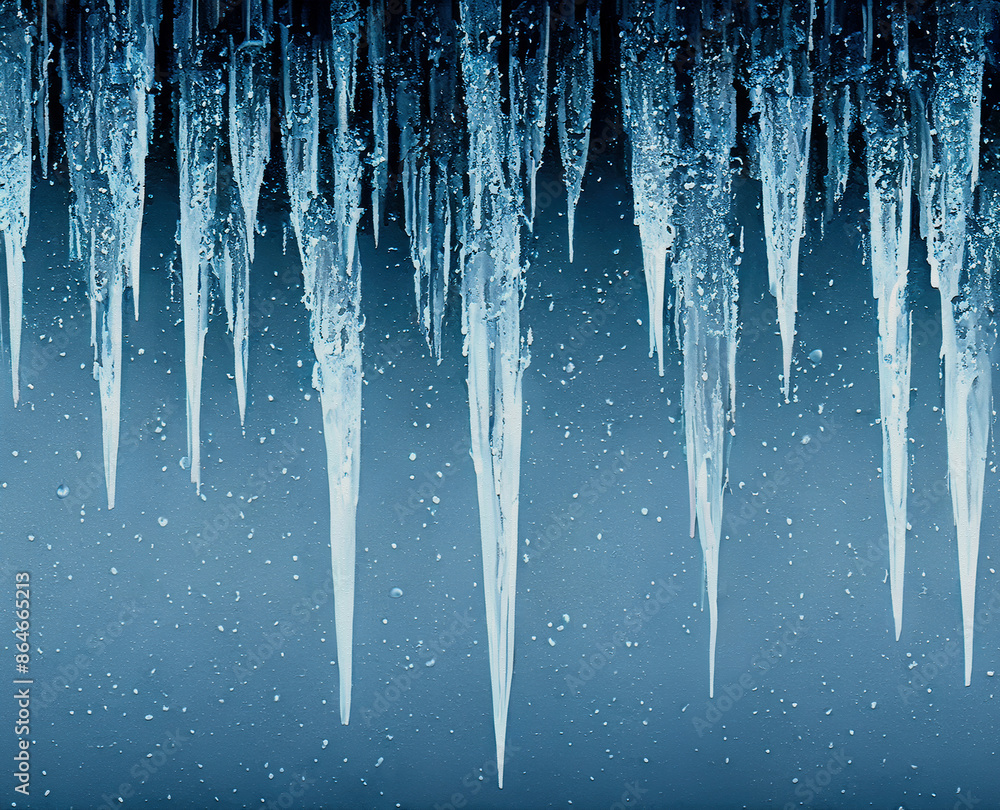 Template with winter icy pointed icicles. Abstract snowy cold background with falling snow falling snowflakes. Background, wallpaper. Template with winter icy pointed icicles. Abstract snowy cold background with falling snow falling snowflakes. Background, wallpaper.