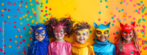 A group of children dressed in superhero costumes are posing for a picture