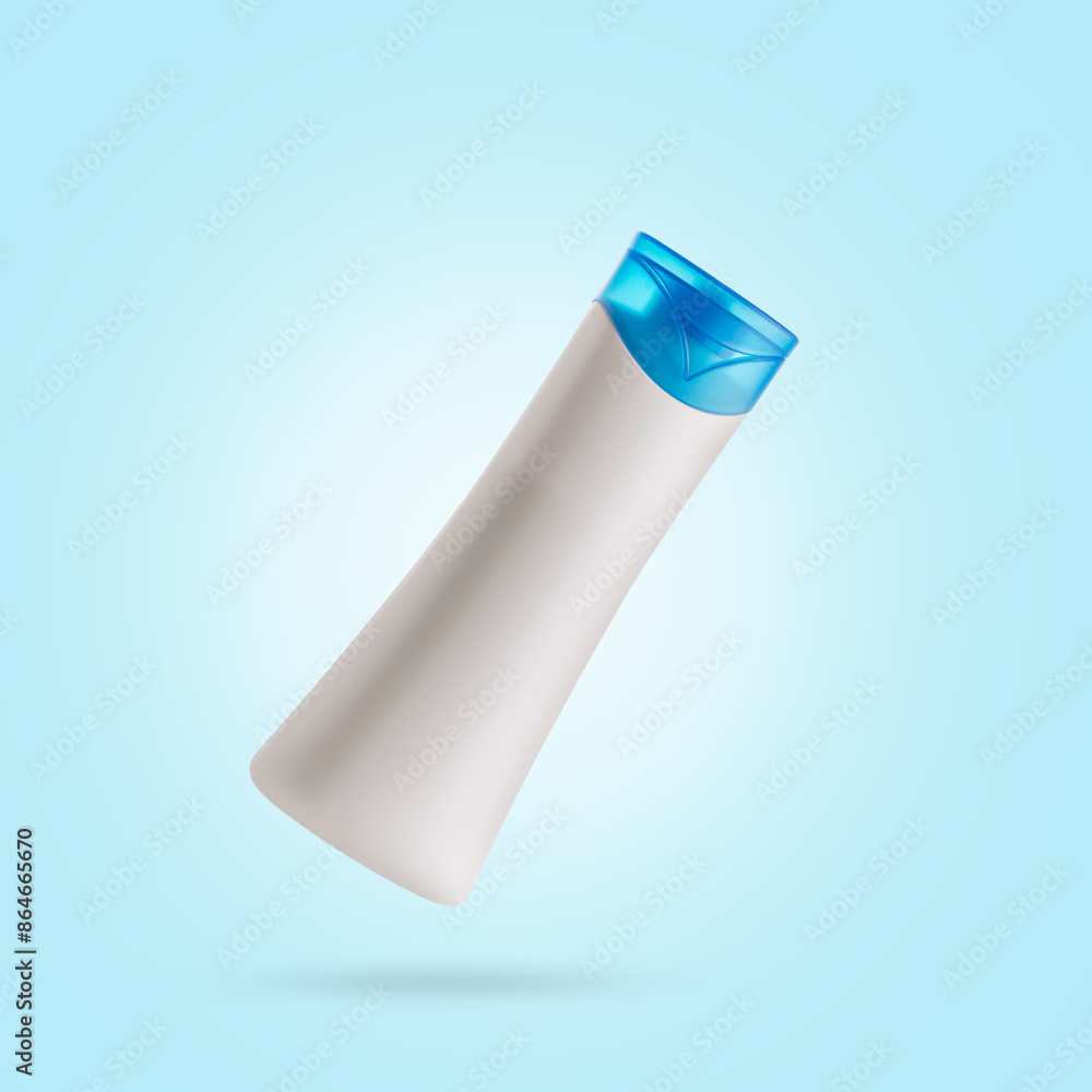 White shampoo bottle on light blue background. White shampoo bottle on light blue background.