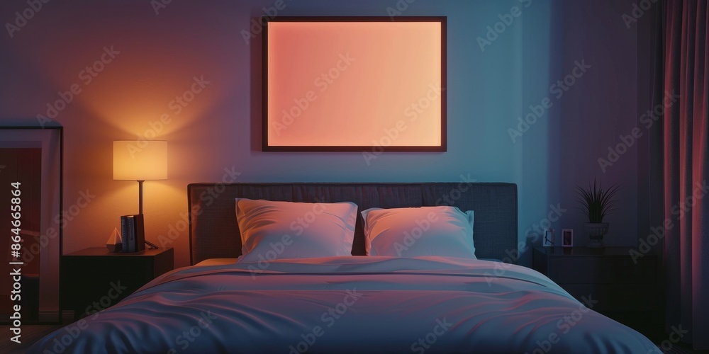 A cozy bedroom with a soft bed, glowing lamp, and a blank frame on the wall. A cozy bedroom with a soft bed, glowing lamp, and a blank frame on the wall.