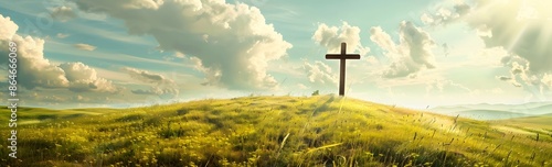 Cross in a meadow with copy space