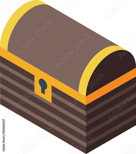 Closed wooden treasure chest with golden details isometric icon, wealth and treasures concept