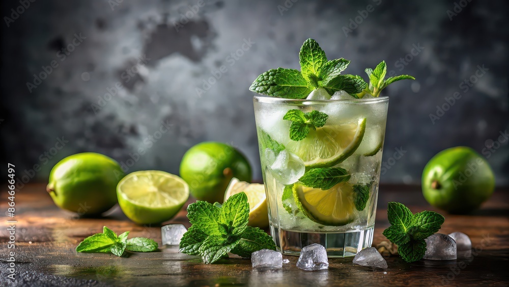 Refreshing mojito cocktail in a glass garnished with fresh mint and lime, mojito, cocktail, glass, drink, refreshing, mint Refreshing mojito cocktail in a glass garnished with fresh mint and lime, mojito, cocktail, glass, drink, refreshing, mint