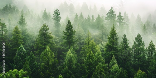 Foggy pine forest with green trees and white mist. © kiimoshi