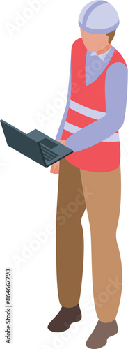 Construction site manager holding a laptop, managing and overseeing a project