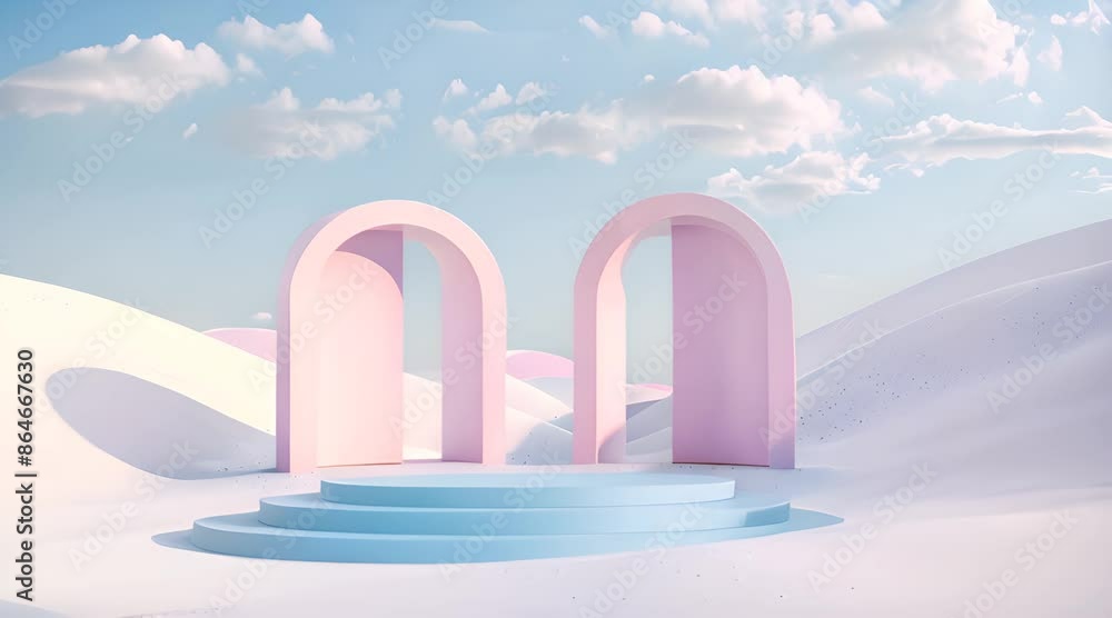 3d Render, Abstract Surreal pastel landscape background with arches and podium for showing product, panoramic view, Colorful dune scene with copy space, blue sky and cloudy, Minimalist decor design 3d Render, Abstract Surreal pastel landscape background with arches and podium for showing product, panoramic view, Colorful dune scene with copy space, blue sky and cloudy, Minimalist decor design