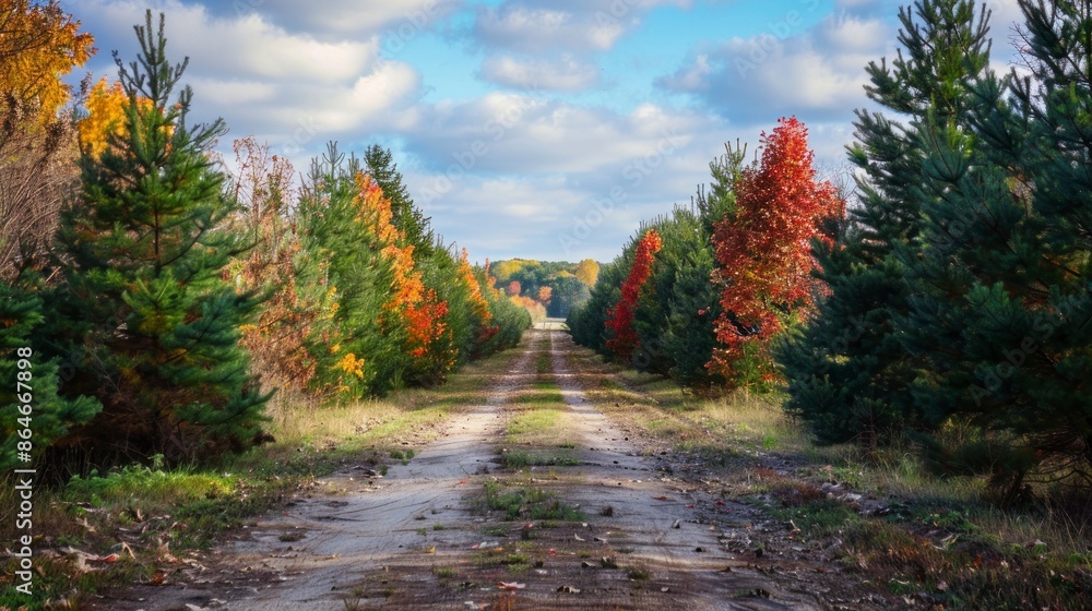 Fototapeta premium dirt road surrounded by trees in the forest