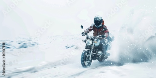 The description of the image is: "A dirt bike rider is riding in the snow."