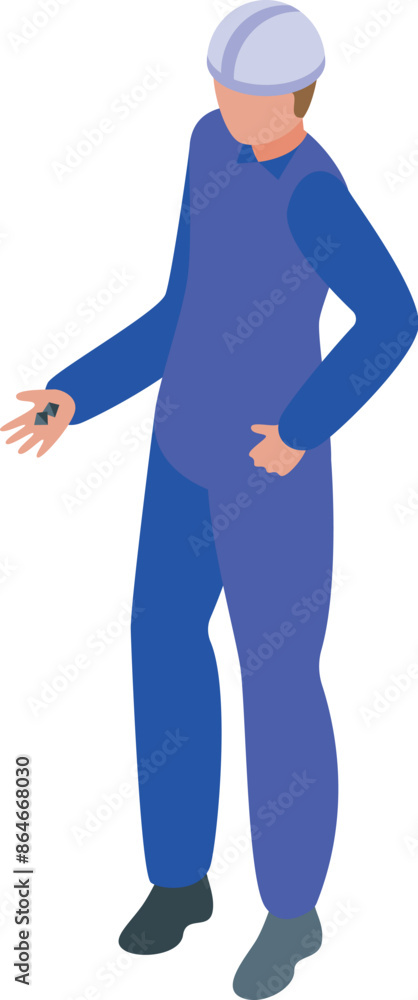 Fototapeta premium Miner character in uniform holding coal in hand, isometric view