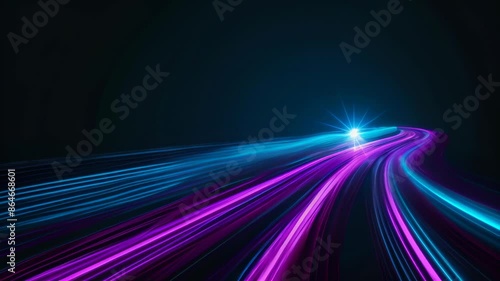 Vibrant neon light trails curve across dark background. Electric blue and vivid purple streaks create sense of speed and motion. Abstract representation of futuristic data flow or high-speed travel. 