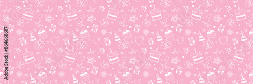 Birthday seamless pattern vector background. Birthday pattern like cake, star, cupcake and gift decoration elements for wallpaper pink background. Vector illustration seamless background. 
