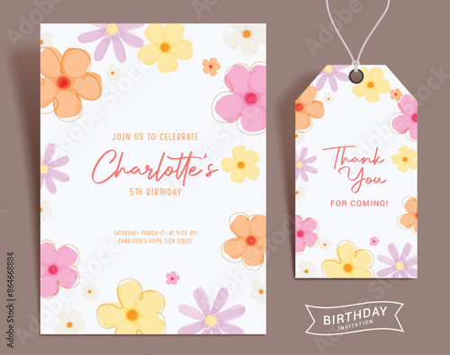 Birthday girl invitation card vector template. Flowers invitation and thank you card set for girl birthday party gift tag template design. Vector illustration flower lay out collection. 

