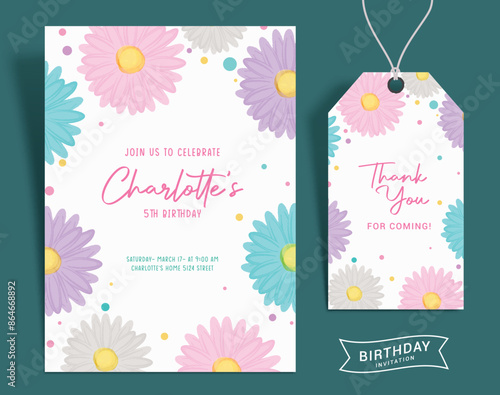 Birthday flower invitation card vector template design. Girl birthday invitation and thank you card with daisy water color flowers theme decoration background. Vector illustration greeting card 