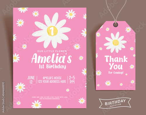 Birthday girl flower invitation card vector template. Girl birthday invitation and thank you card template with daisy flowers in pink background. Vector illustration greeting card design. 
