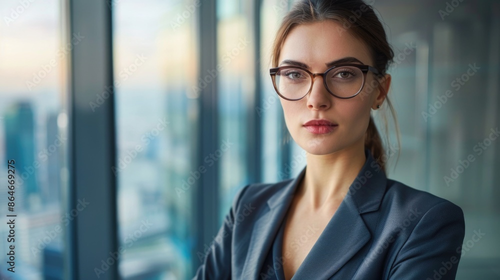 A modern businesswoman in glasses and a suit with a deep neckline, standing in front of panoramic office windows. She has an authoritative demeanor. A modern businesswoman in glasses and a suit with a deep neckline, standing in front of panoramic office windows. She has an authoritative demeanor.