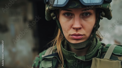 Young woman in military uniform and helmet. AI generative. © PROKOPYCH
