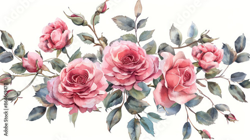 A beautiful watercolor painting of a floral wreath with vibrant pink and red roses, complemented with green leaves and buds, against a white background.