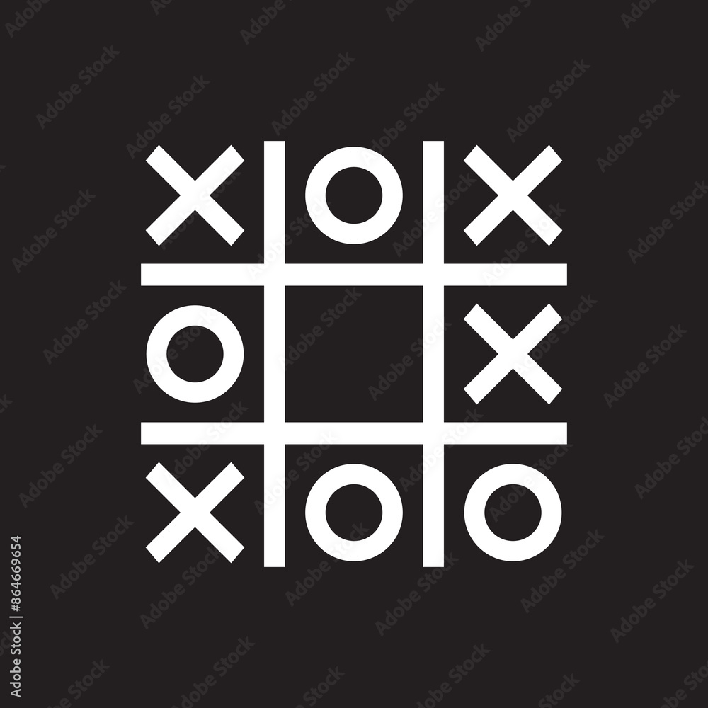 Tic tac toe icon, noughts and crosses game, white on black background Tic tac toe icon, noughts and crosses game, white on black background