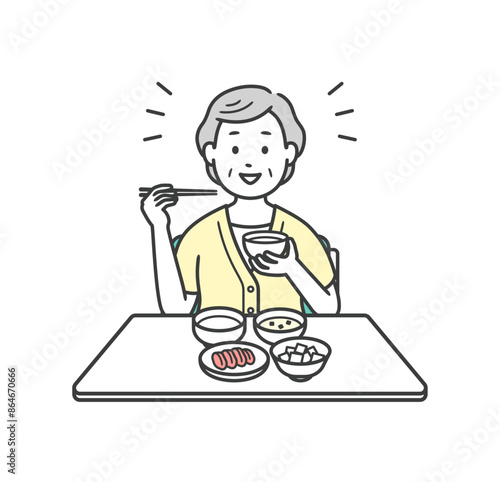 健康的な食事をする半袖の服を着た笑顔の高齢女性のイラスト
