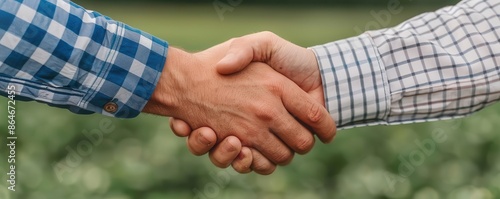 Close-up of farmers shaking hands with a green field backdrop, agricultural deal, cooperation, rural handshake © chayantorn