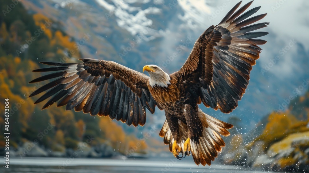 A majestic eagle soaring high above a picturesque landscape, embodying freedom and successful ambition A majestic eagle soaring high above a picturesque landscape, embodying freedom and successful ambition