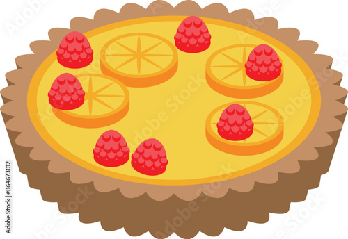 Delicious lemon pie decorated with raspberries and orange slices, isolated on white background