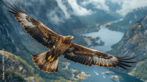 A majestic eagle soaring high above a picturesque landscape, embodying freedom and successful ambition