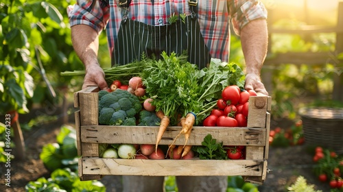 Farmer holding wooden crate full of raw vegetables.