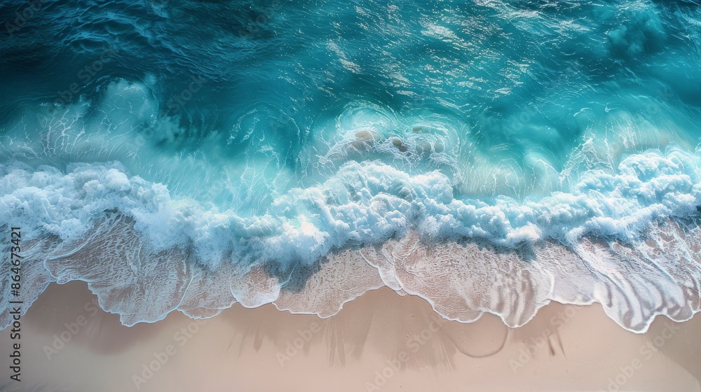 Aerial View of Turquoise Ocean Waves Crashing on Sandy Beach Aerial View of Turquoise Ocean Waves Crashing on Sandy Beach