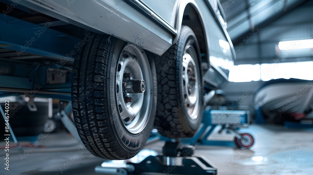 Close up view of a car jack lifting up a boat trailer that just had a new tire installed. Need new tires? Close up view of a car jack lifting up a boat trailer that just had a new tire installed. Need new tires?