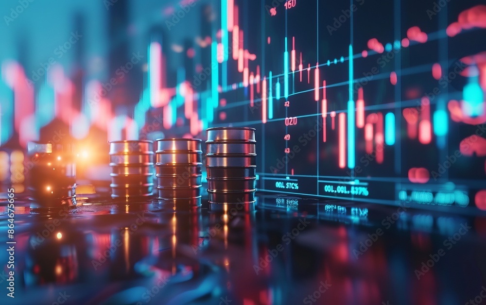 Closeup of coin stacks with fluctuating stock market graph in background, symbolizing finance, investment, and economic trends. Closeup of coin stacks with fluctuating stock market graph in background, symbolizing finance, investment, and economic trends.