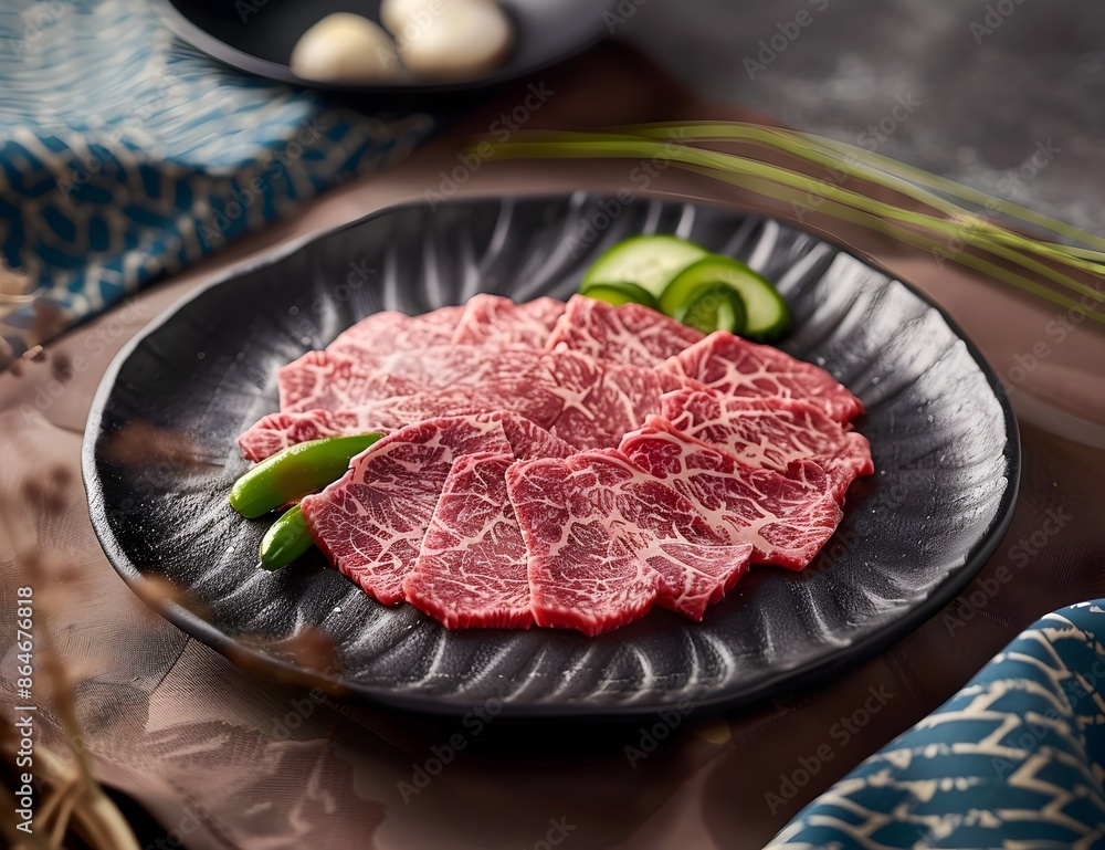 Exquisite Japanese Black Beef Showcased on a Sleek Dark Plate with Ethereal Textile Patterns Exquisite Japanese Black Beef Showcased on a Sleek Dark Plate with Ethereal Textile Patterns