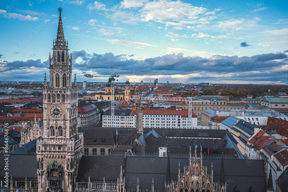 Fototapeta premium Panoramic view of the city with clear blue sky, iconic twin towers of Frauenkirche in the background.