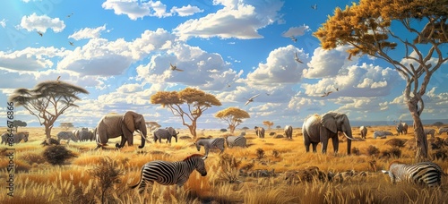 African Savanna with Elephants and Zebras