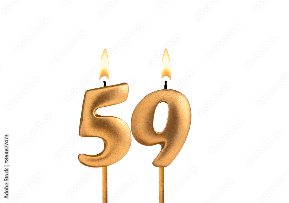 Birthday number 59 - Golden candle on white background Birthday number 59 - Golden candle on white background