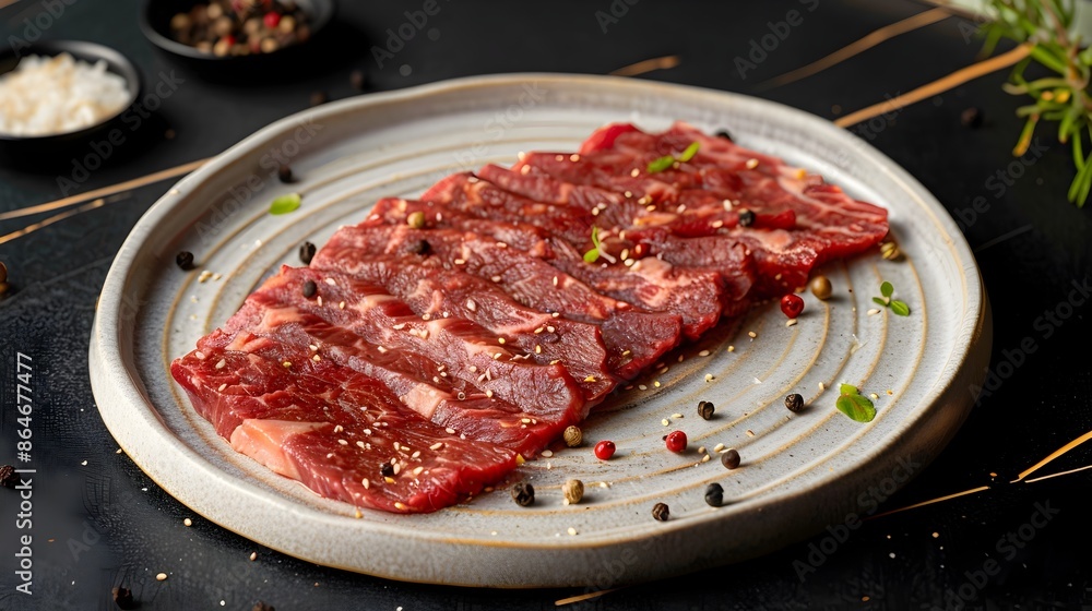 Premium Wagyu-Angus Beef Artfully Displayed on Ceramic Platter with Aromatic Peppercorns Premium Wagyu-Angus Beef Artfully Displayed on Ceramic Platter with Aromatic Peppercorns