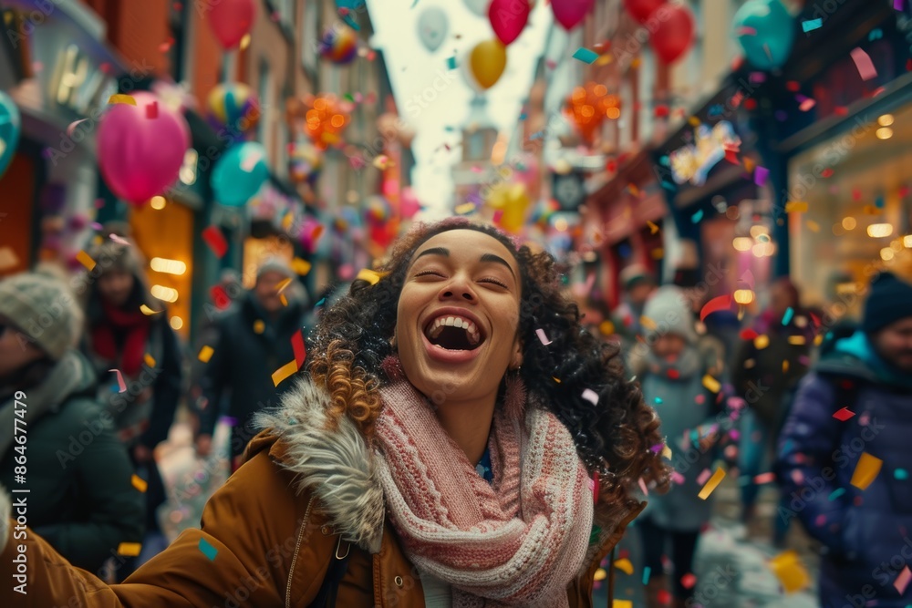 Obraz premium Woman laughing with joy amidst confetti and balloons during a festive celebration, surrounded by cheerful crowds.
