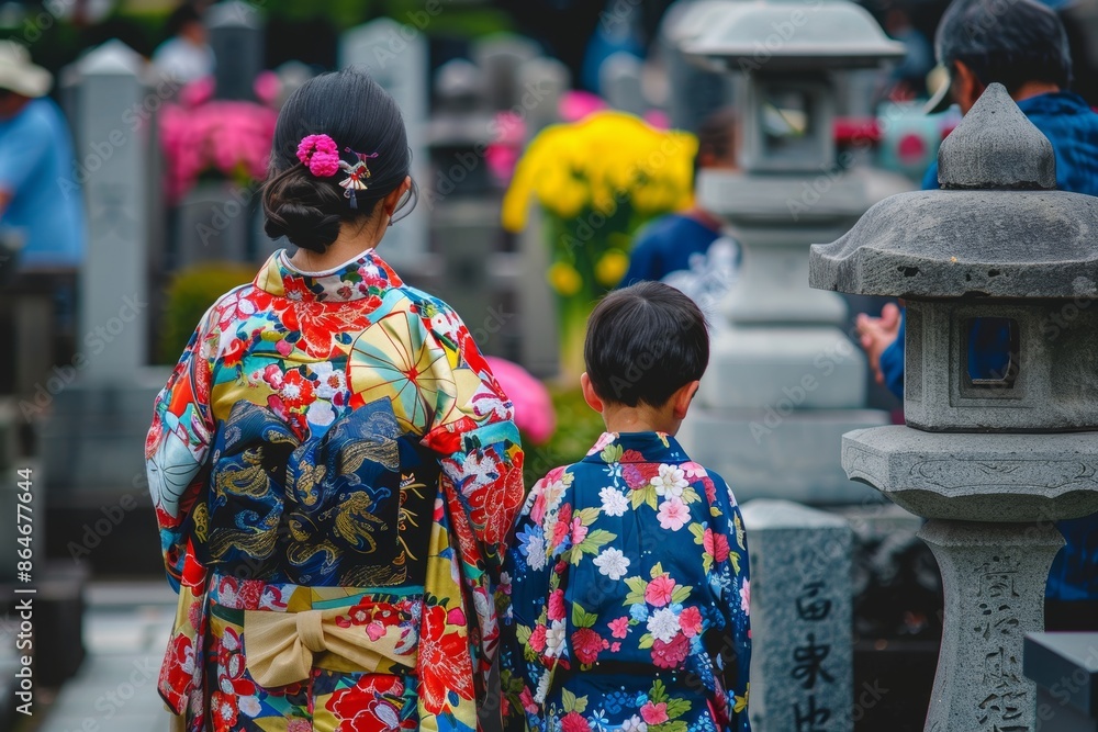 Traditional Japanese woman and child in kimono walking in cemetery. Concept of culture, tradition, ancestor, family, heritage, respect, mourning, memory. Traditional Japanese woman and child in kimono walking in cemetery. Concept of culture, tradition, ancestor, family, heritage, respect, mourning, memory.