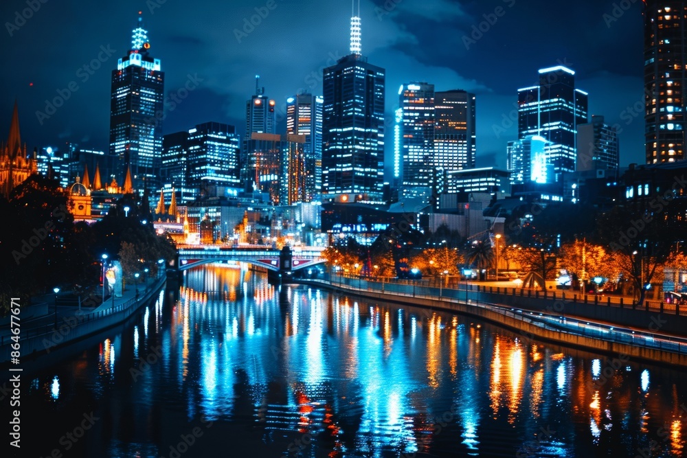 Fototapeta premium Night cityscape of Melbourne, Australia with bright lights reflecting on the Yarra River. Cityscape photography at night with vivid colors.