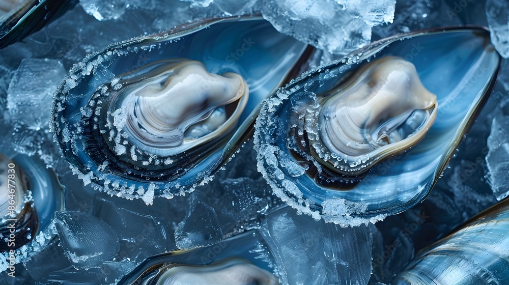 Captivating Macro Shot of Frozen Half-Shell Mussels With Intricate Ice Formations and Textured Surface Captivating Macro Shot of Frozen Half-Shell Mussels With Intricate Ice Formations and Textured Surface