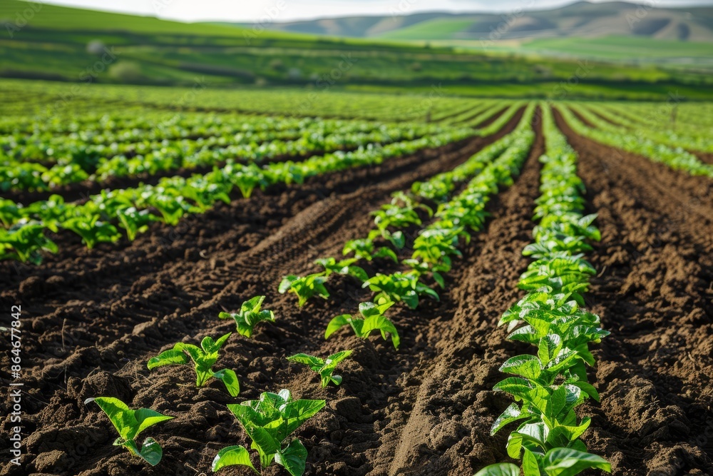 Rows of young green crops growing in a field, with hills in the background. Concept of agriculture, farming, and rural life. Rows of young green crops growing in a field, with hills in the background. Concept of agriculture, farming, and rural life.