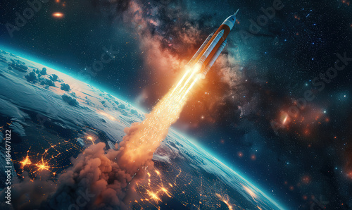 Rocket ascending into space with a trail of fiery exhaust, Earth illuminated with city lights and clouds below, starry galaxy in the background.