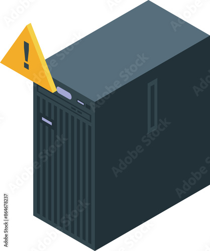 Computer tower experiencing a failure, as indicated by the prominent exclamation point