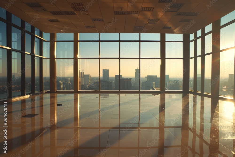 Fototapeta premium Empty office space with large windows overlooking a city skyline during sunrise or sunset. Concept of growth, potential, or new business opportunities.