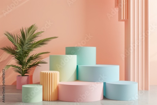 Wallpaper Mural Pastel Colored Cylindrical Platforms with a Palm Tree for Product Display Torontodigital.ca