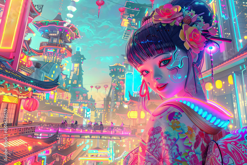 Colorful digital artwork of a whimsical cityscape at night, featuring a stylized young girl in traditional dress standing in the center. Futuristic atmosphere scene is illuminated by neon lights.